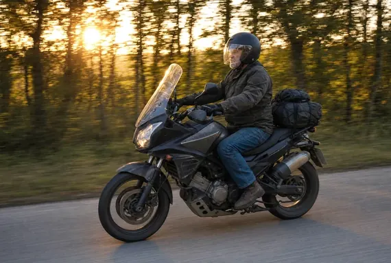 Motoristi lastatulla matkapyörällä pitkällä tiellä auringonlaskussa
